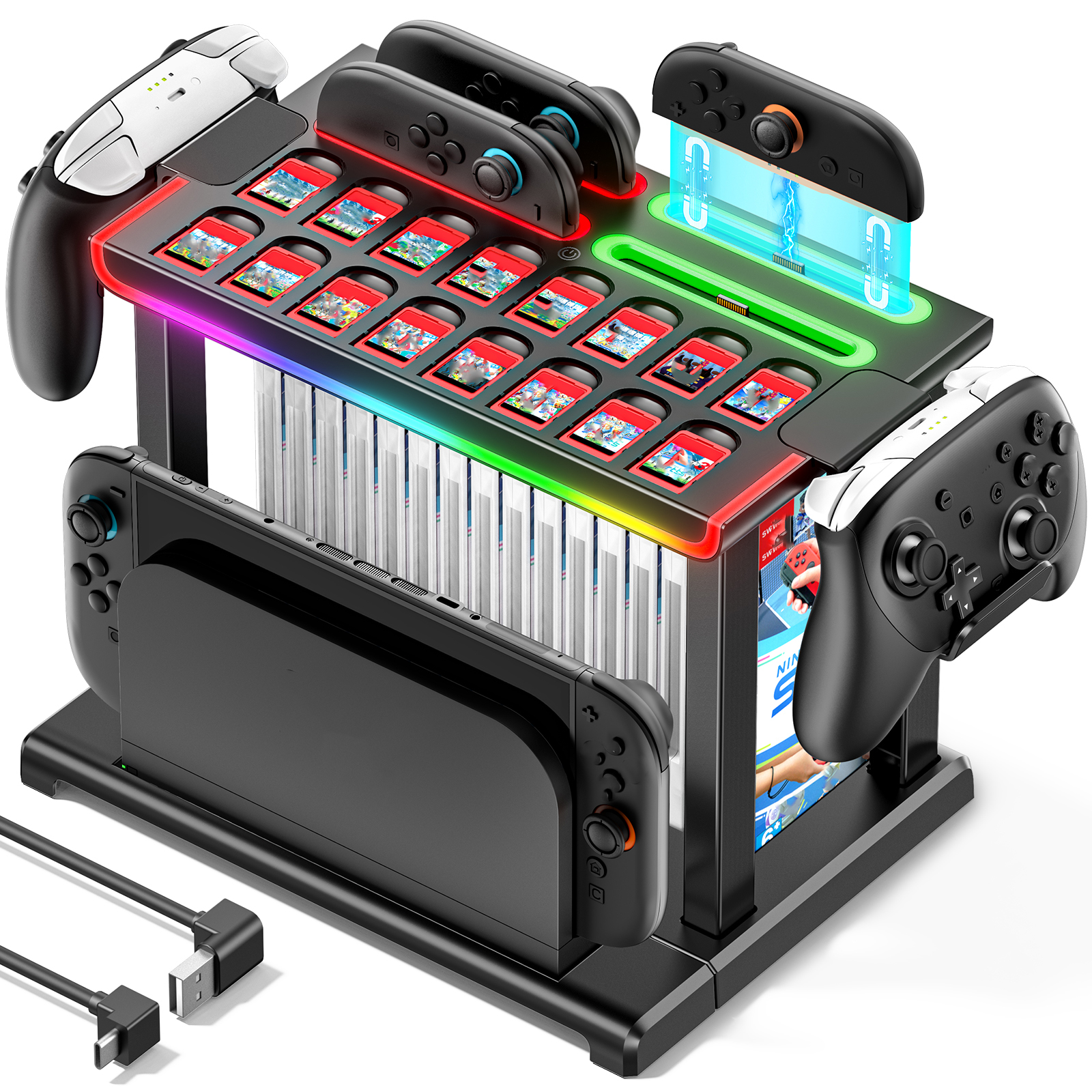 Estação Organizadora de Jogos com Dock Carregador para Controlador para Nintendo Switch/OLED/2, Torre de Armazenamento