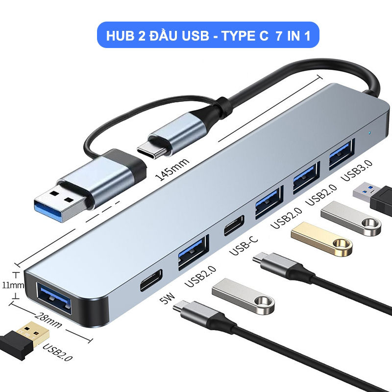  Hub USB C 3.0 Alumínio 7 em 1 Extensor USB com 4 X USB 2.0 e 2 Portas Tipo-C