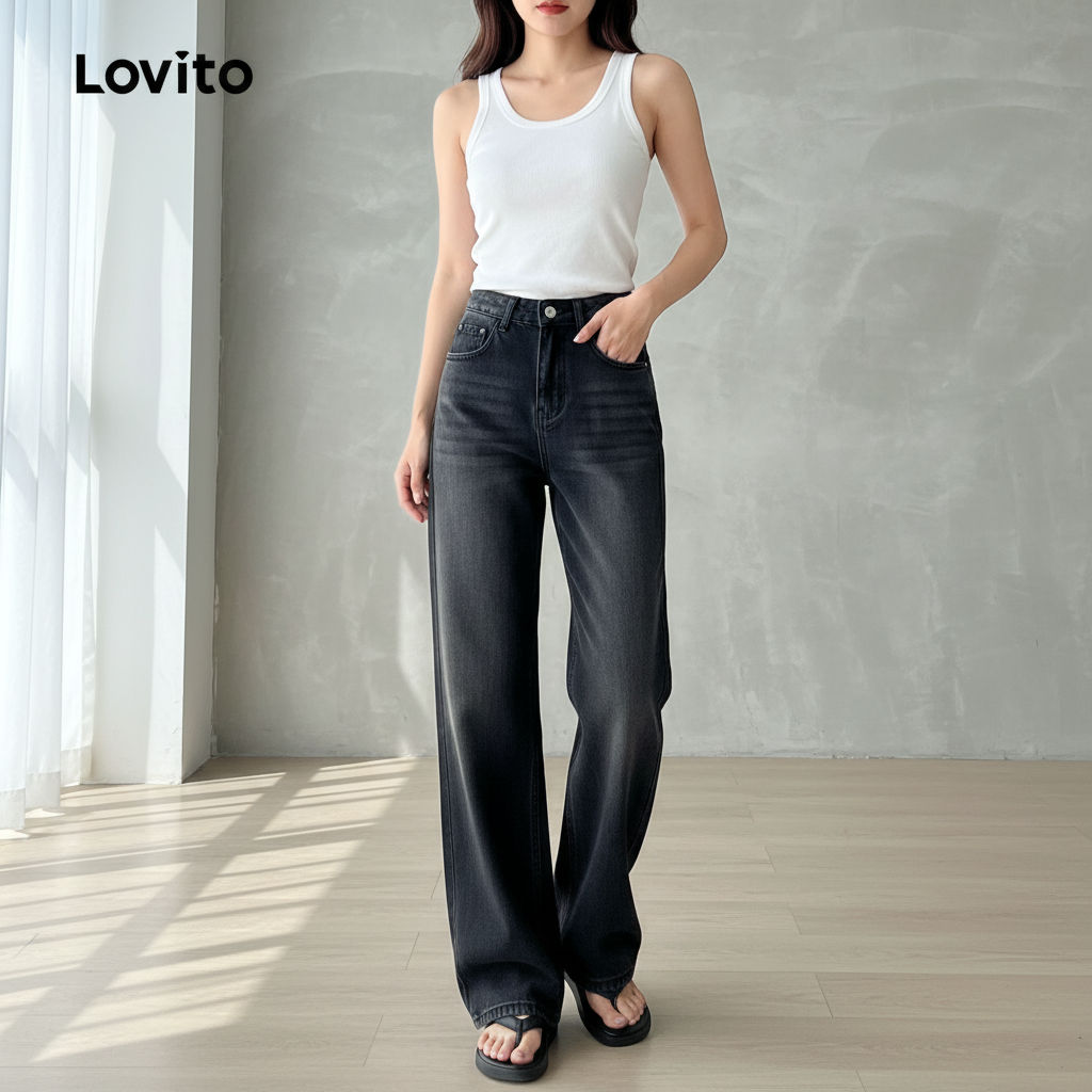 Lovito Calça Jeans Feminina Casual Lavada Primavera Verão Preta LNE121053