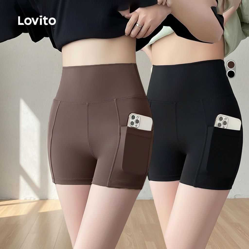 Lovito Short de Alta Compressão para Yoga, Levanta Bumbum, Cintura Alta, LNA124021 em Oferta na Shopee