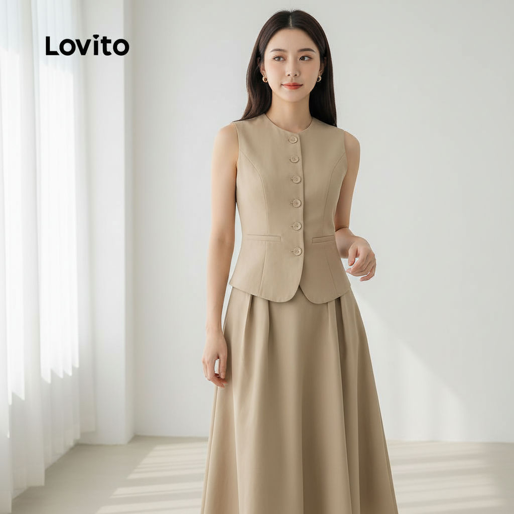 Lovito Refine Elegantes Botão Primavera/verão Saia Khaki para Mulheres L172ED1488 em Oferta na Shopee