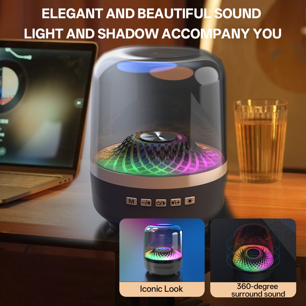 Caixa de Som Bluetooth Sem Fio Mini Desktop de 5a Geração em Vidro para Computador de Mesa e Telefone com Luz Ambiente