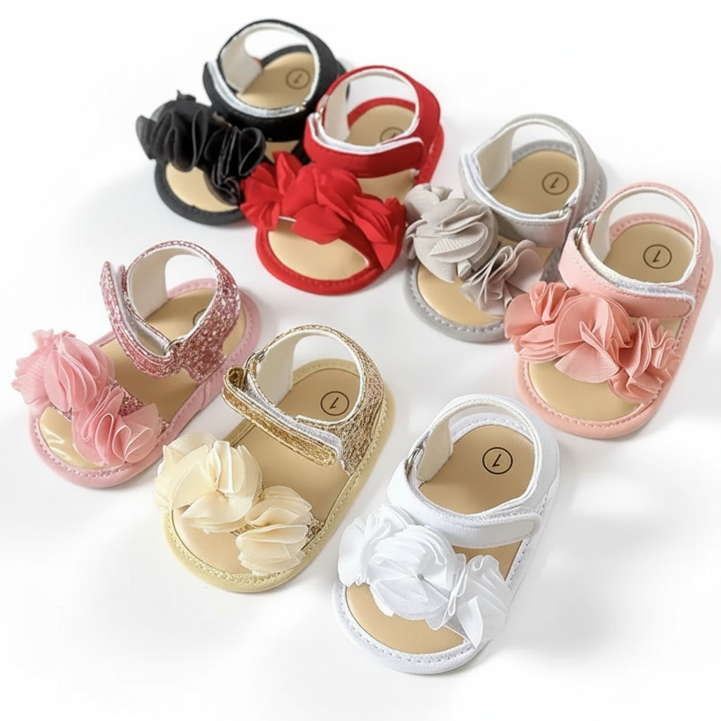 Sapatos De Bebê Menina Sandálias De Flores 0-18 Meses Sola Macia Gancho E Laço Infantis De Verão