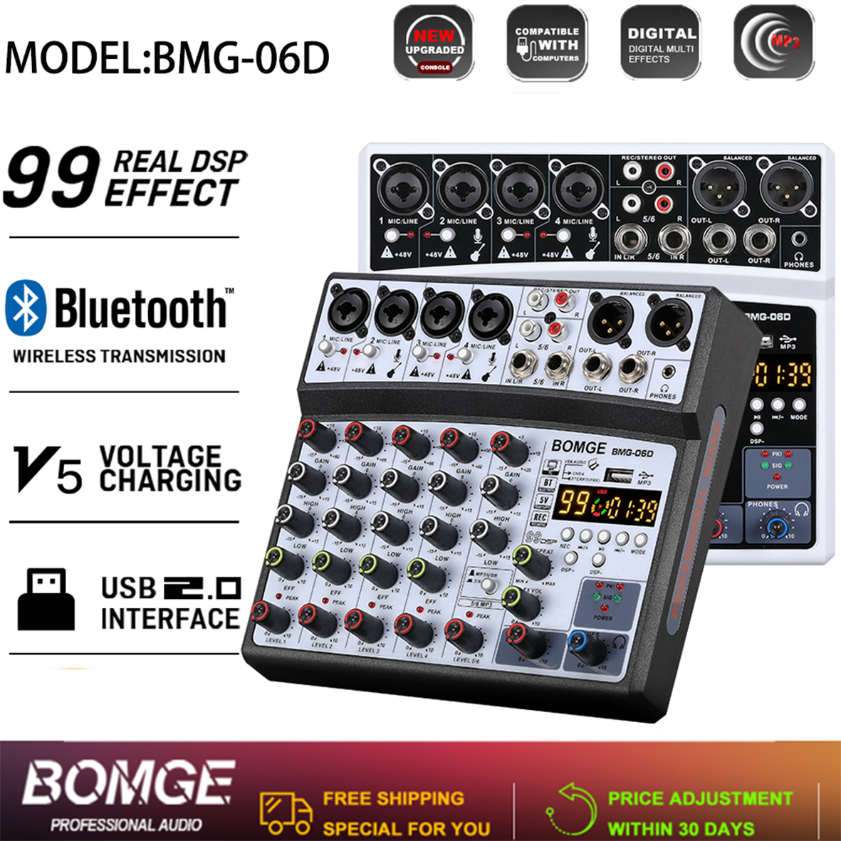 BOMGE Profissional 6 Canais DJ Áudio Mixer De Som Interface MP3 USB Bluetooth 99DSP Pro HiFi