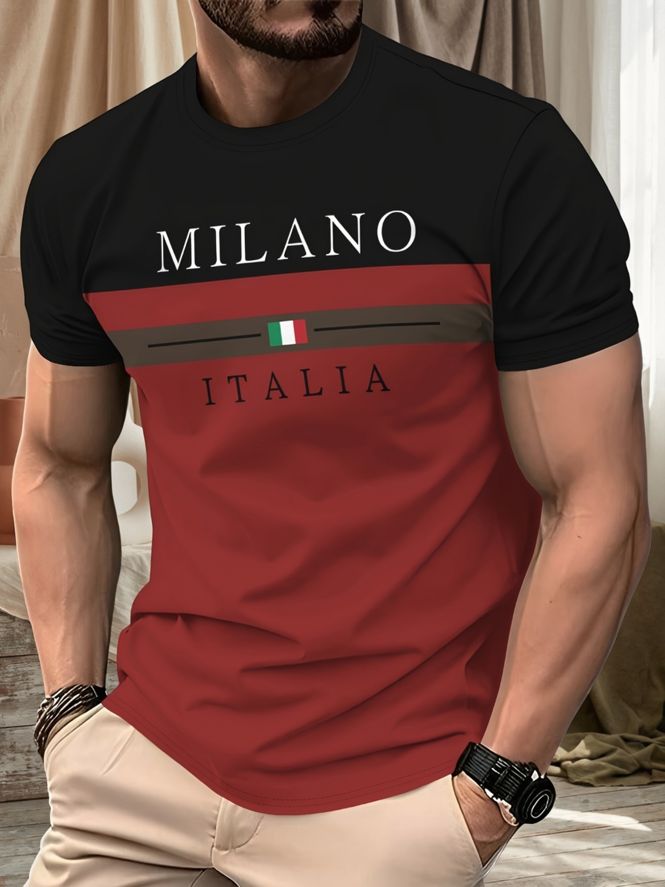 Detalhes do Camiseta masculina de verão 2026 estilo europeu e americano, com design em cores contrastantes preto e vermelho, gola