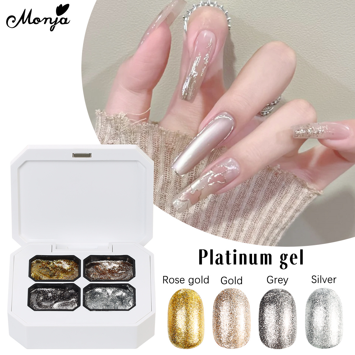 Monja 4 Cores Glitter Gel Platina Esmalte de Unha Flash Refletivo Pintura Híbrida Gel Desenho Brilhante Removível UV Gel · foto 2