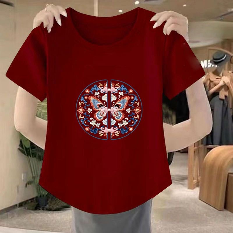 Camiseta Feminina Casual De Verão Com Gola Redonda-Vinho Tinto , Manga Curta , Ajuste Solto , Cor Sólida Top Gráfico Bor