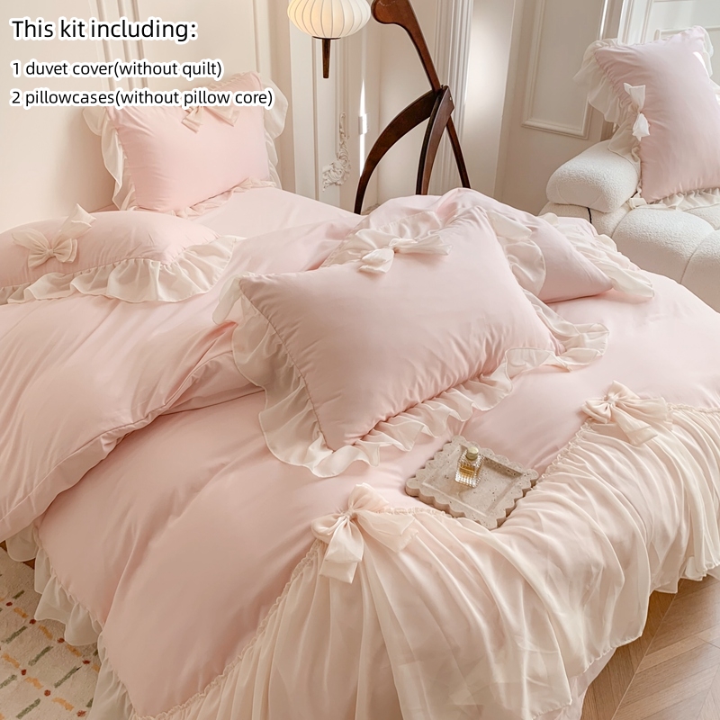 Conjunto De Cama Princesa 3 Unidades | Capa De Edredom Com Acabamento Em Renda Laço 3D + 2 Fronhas Soft Respirável Fecha