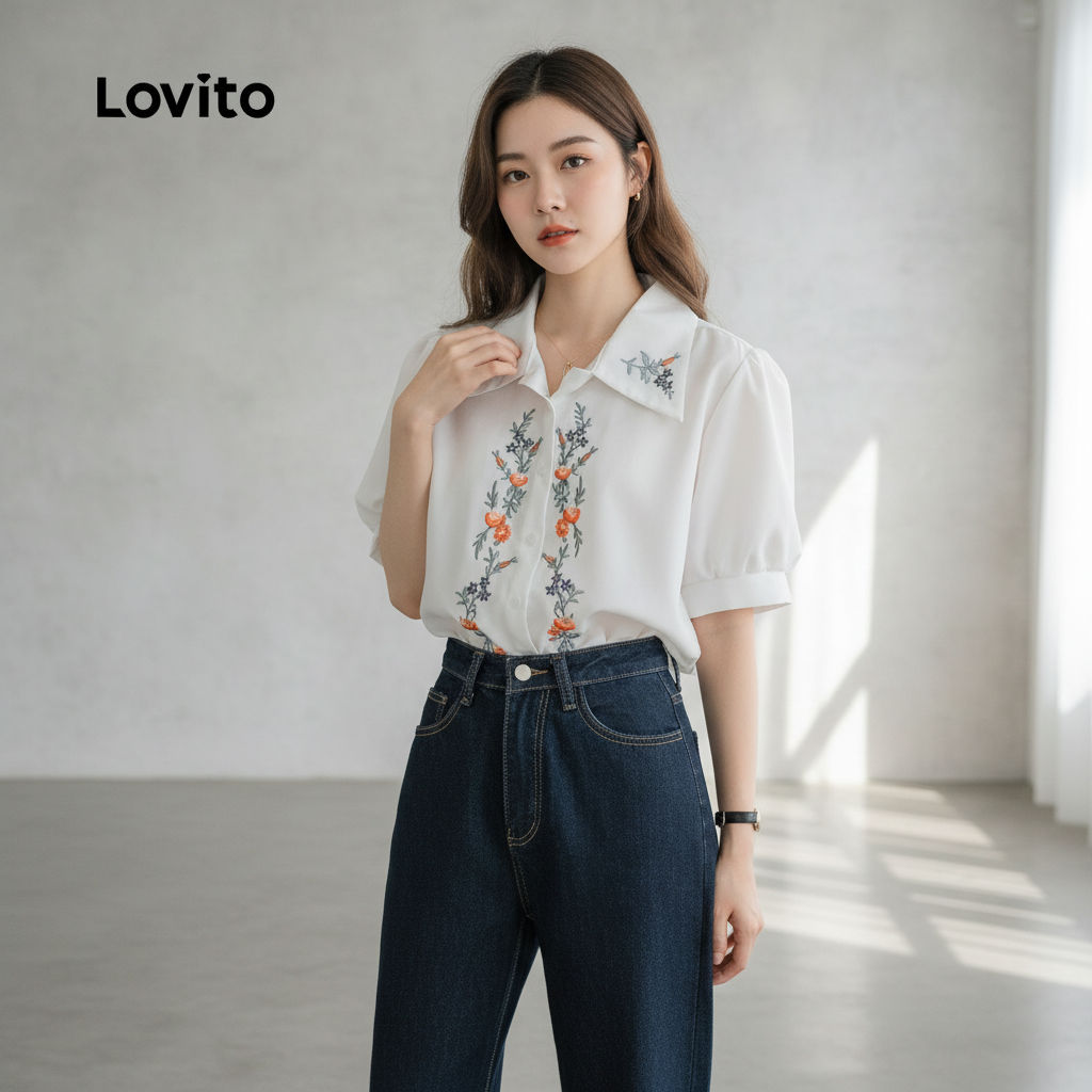 Lovito Blusa Casual Botão Frente Primavera Verão para Mulheres LBL32123
