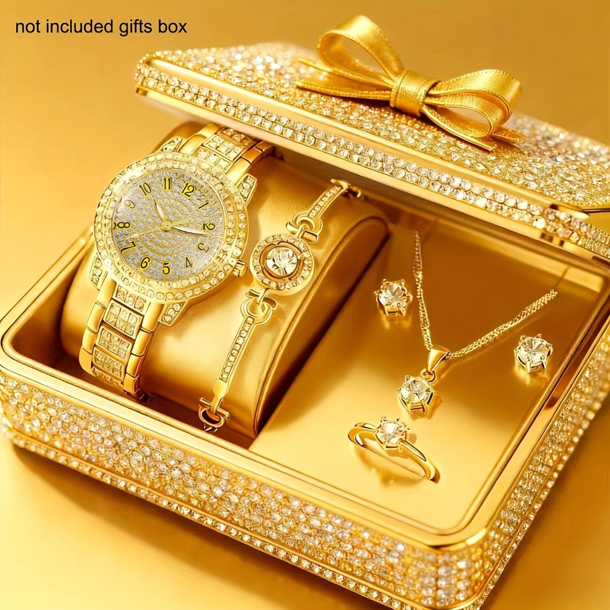 6 Pçs/Set Conjunto De Relógio E Jóias Feminino De Luxo , Pulseira Colar Brincos Para Anel , Relógios Femininos Elegantes