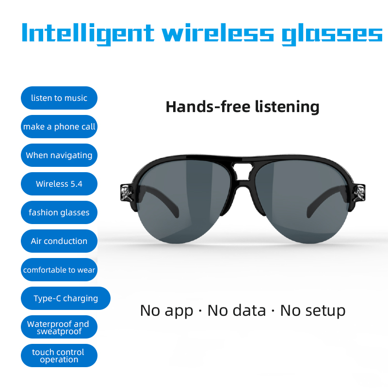Óculos de Áudio Sem Fio Inteligentes, Condução Aérea, Bluetooth 5.4, Controle por Toque, Sem Necessidade de Aplicativo,