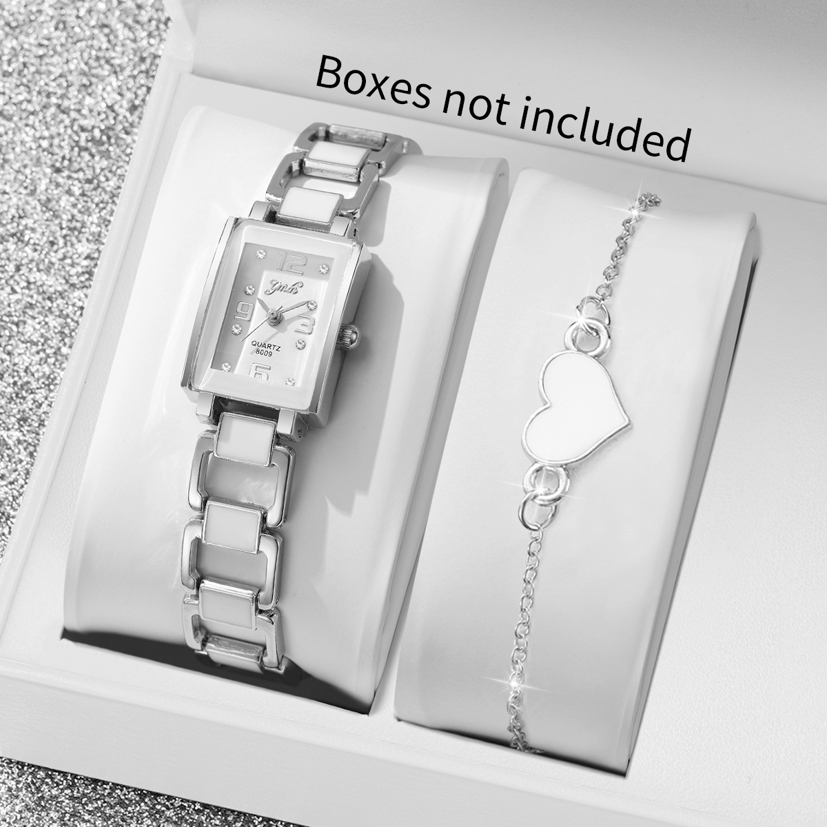 Moda Feminina Quadrado Árabe Dial Quartzo Relógio De Pulso Coração Pulseira Conjunto Liga Cinta 2 Pçs