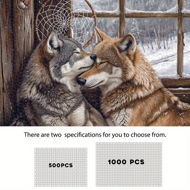 Relógio De Inverno : Casal Lobo Em Cabine Com Neve E Apanhador De Sonhos , Quebra-Cabeça De Madeira 500/1000 Peças