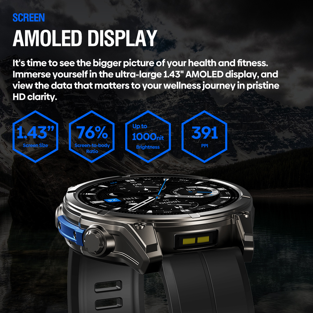 Detalhes do Zeblaze VIBE 8 Relógio Smartwatch Masculino, Tela AMOLED 1.43, Monitor de Frequência Cardíaca e Pressão Arterial,