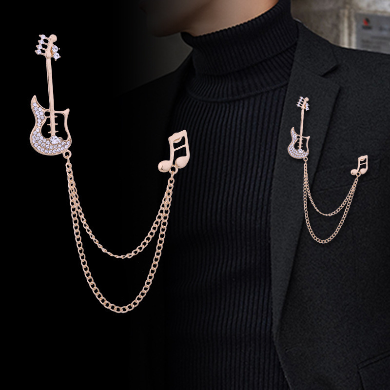Alfinete De Lapela Prateado Para Guitarra Com Corrente , Acessório De Música Rock Masculino , Broche De Declaração Da Mo
