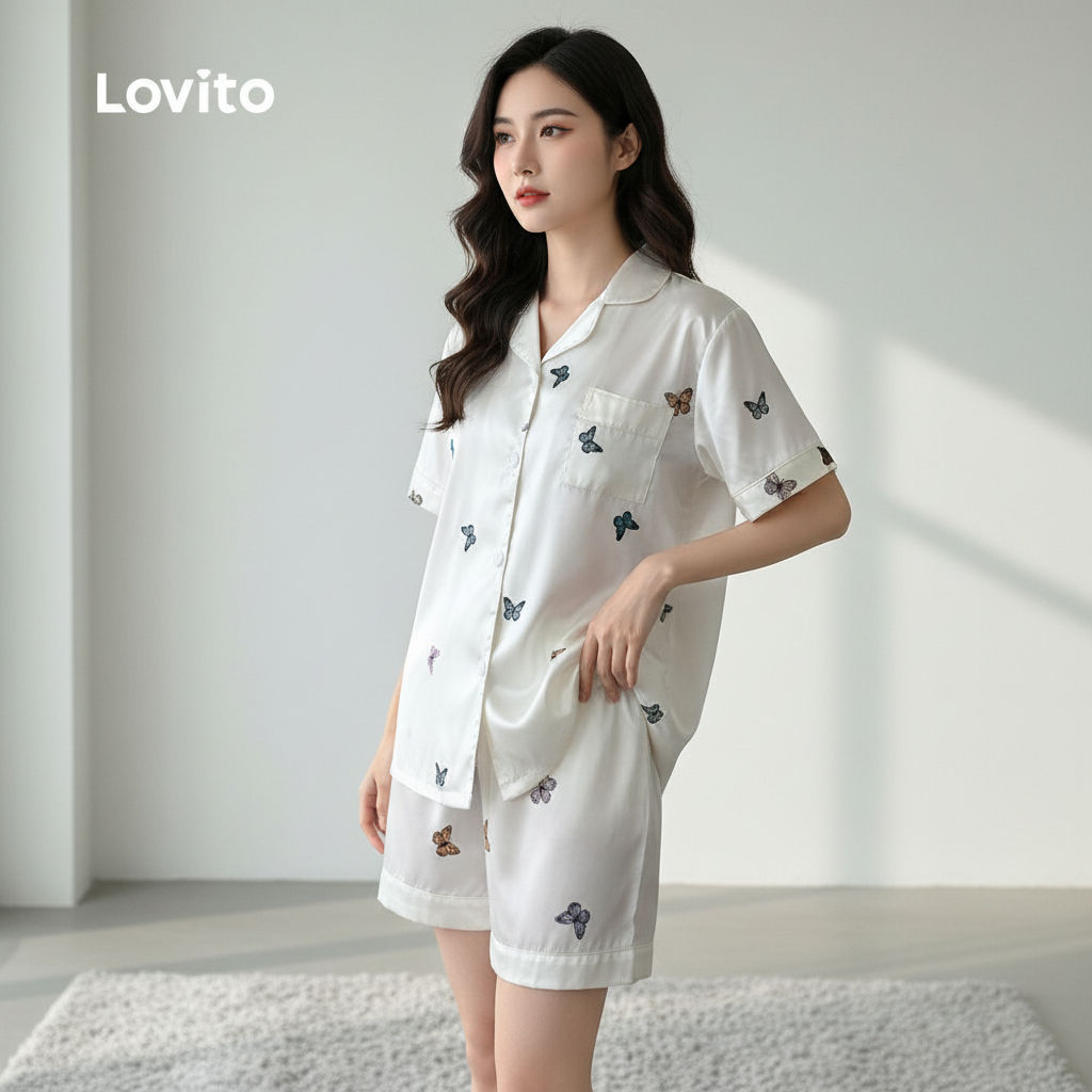 Lovito Pijama Feminino de Seda Satinado, Conjunto Sofisticado para Uso Doméstico, Ideal para Mães, Verão LNE121121 em Oferta na Shopee