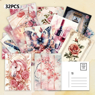 Conjunto de 32 cartões-postais vintage com rosas cor-de-rosa e borboletas, papel cartão grosso, para decoração de