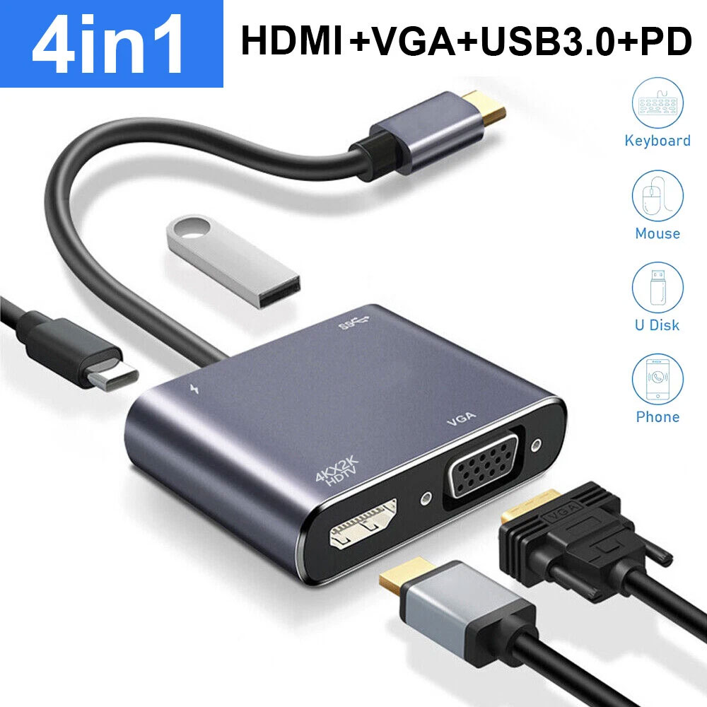 Adaptador 4 em 1 de VGA para USB-C, hub de portas, HDMI, VGA 4K 60HZ Conversor Multiportas para PC portátil