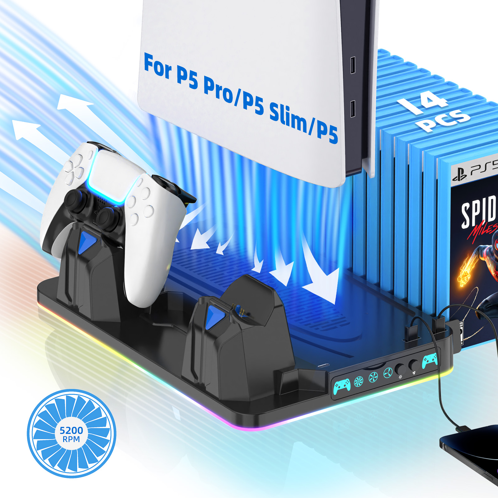 Suporte de Ventilador de Refrigeração para PS5 com Carregador Duplo de Manípulos, Compatível com PS5/PS5 Slim/PS5 Pro,