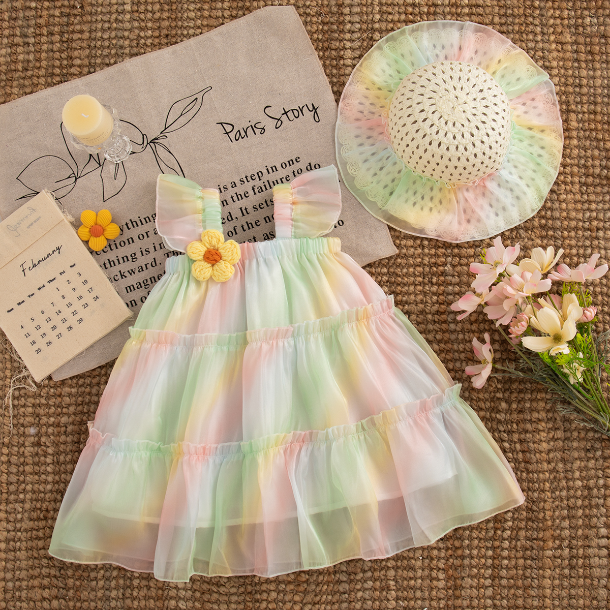  Vestido de Fada para Menina - Verão, Colorido Arco-Íris, Estilo Princesa, Acompanha Chapéu, Roupas para Bebês de 1 a 2