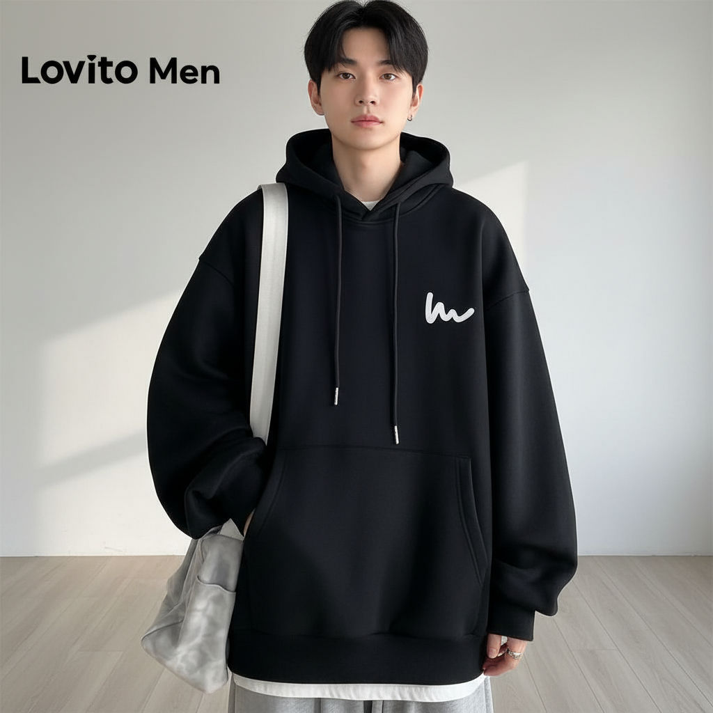 Lovito Masculino Moletom Casual Preto com Cordão e Bolso Outono Inverno LNE127163 em Oferta na Shopee