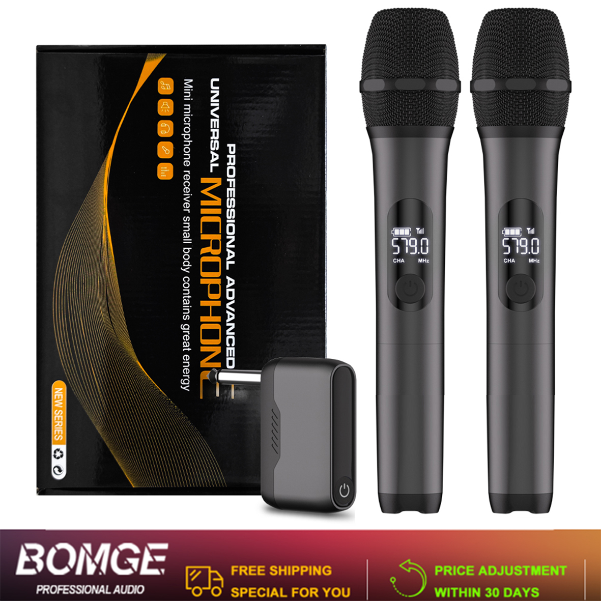O sistema de microfone sem fio BOMGE M23 acompanha um receptor recarregável de dois canais e é ideal para karaokê,
