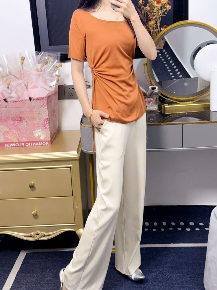  Blusa de manga curta com amarração para o verão 2026, conjunto de duas peças com calça pantalona reta, visual fashion e