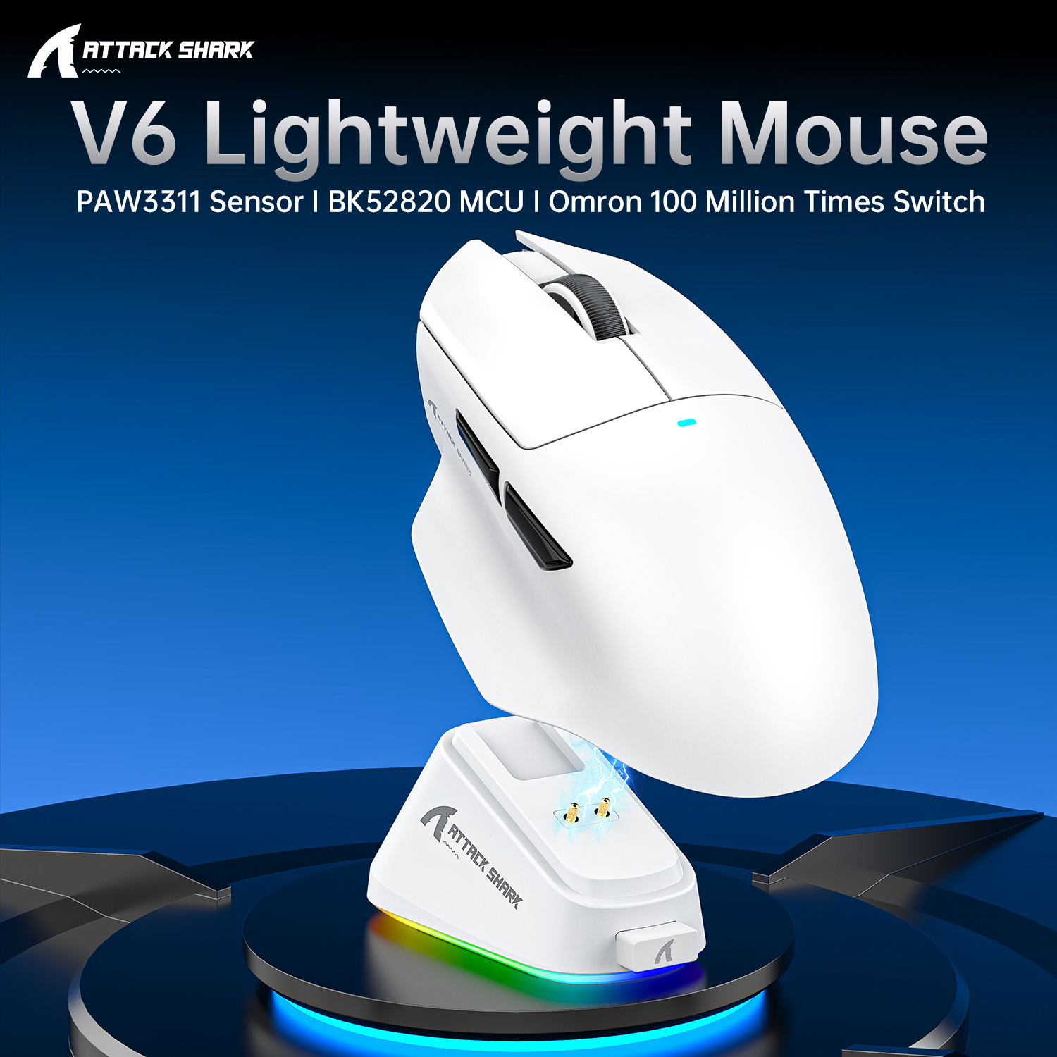 Mouse Gamer Leve Attack Shark V6 Tri-Modo PAW3311 RGB com Dock de Carregamento Magnético 500mAh