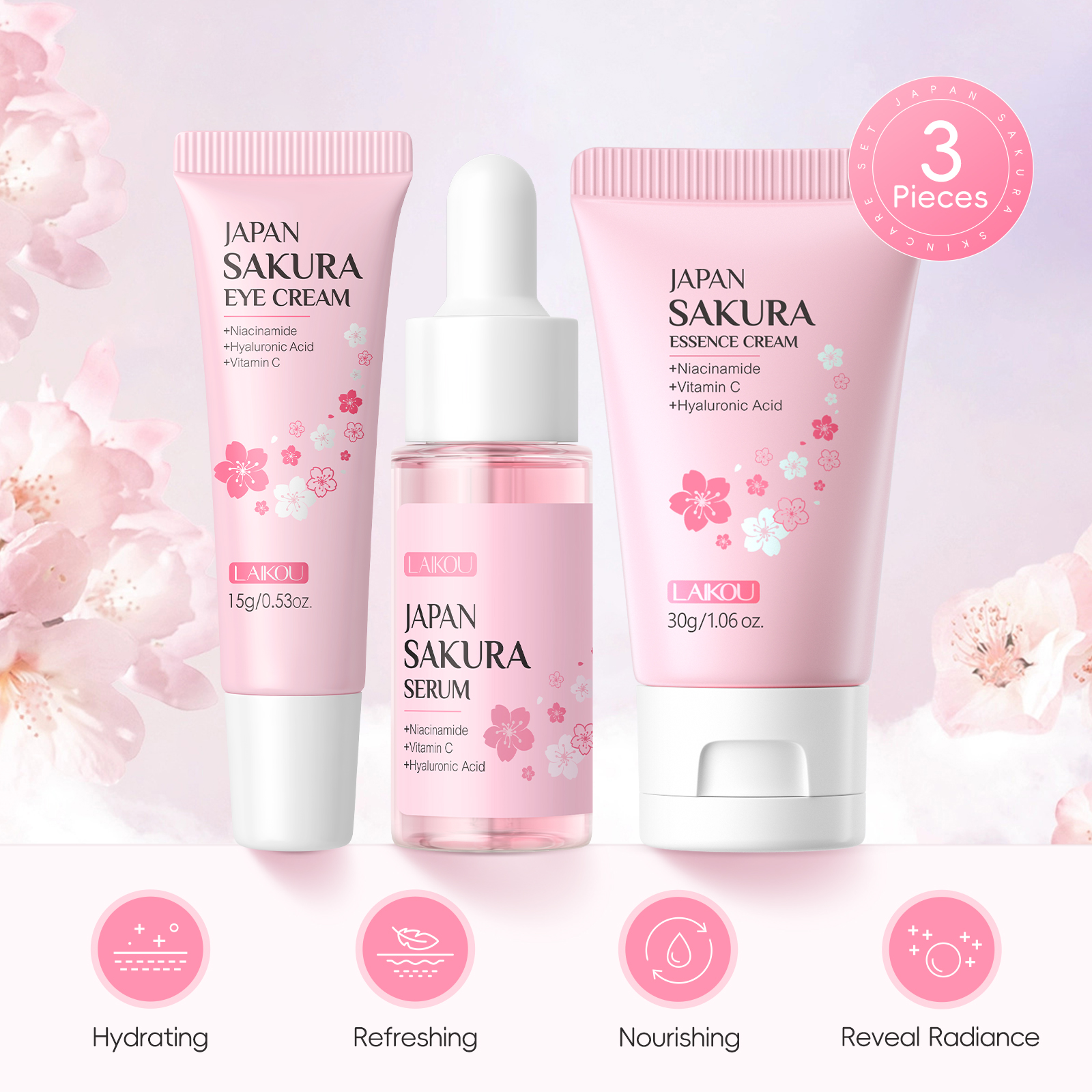 LAIKOU Sakura Skin Care Soro Facial Clarear Manchas Creme Apertar Poros Hidratante 3pcs
