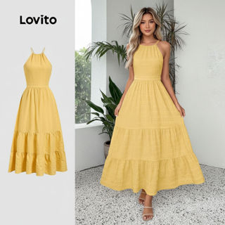 Lovito Refine Vestido Longo Amarelo Boho com Amarração Nas Costas e Babados na Barra Primavera/Verão LBL30098 em Oferta na Shopee