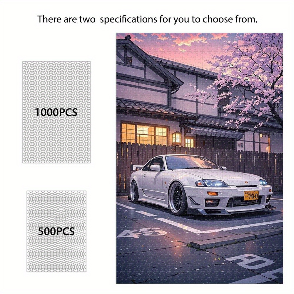Quebra-Cabeça Colorido 500/1000 Peças, Arquitetura Japonesa, Cerejeiras & Carro Esportivo Branco, Coleção Ideal,