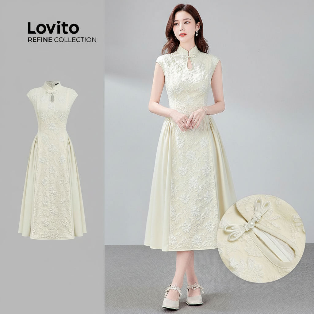 Lovito Refine Vestido Feminino Cheongsam Chinês Qipao Botões Vazados Damasco Primavera Verão LR23A018