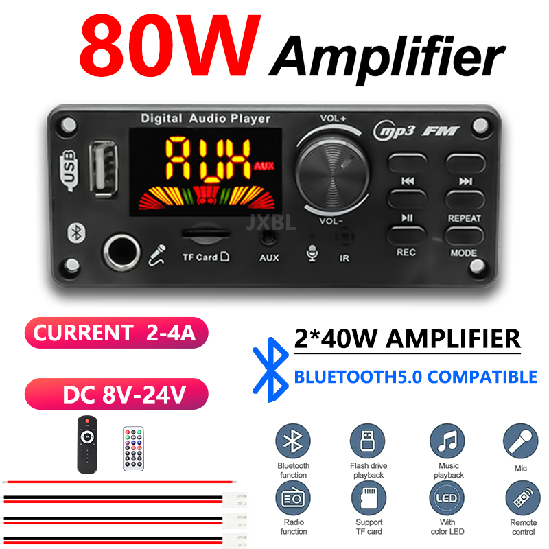 Placa Amplificadora Bluetooth com Display, Tensão Ampla 80W 8V-24V, Carcaça de Plástico para Áudio DIY