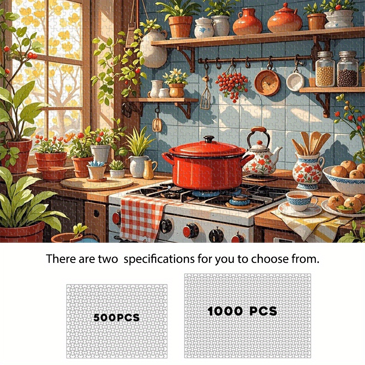 Quebra-Cabeça De Madeira 500/1000 Peças Colorido , Misterioso Artesanato Cena De Cozinha Plantas Verdes Panelas