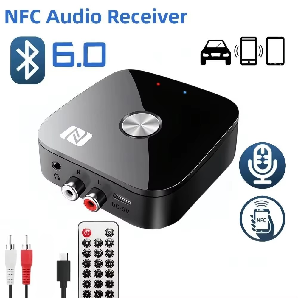 Receptor de Áudio Bluetooth NFC 6.0 Adaptador Estéreo Sem Fio USB RCA R/L AUX 3.5mm Controle Remoto