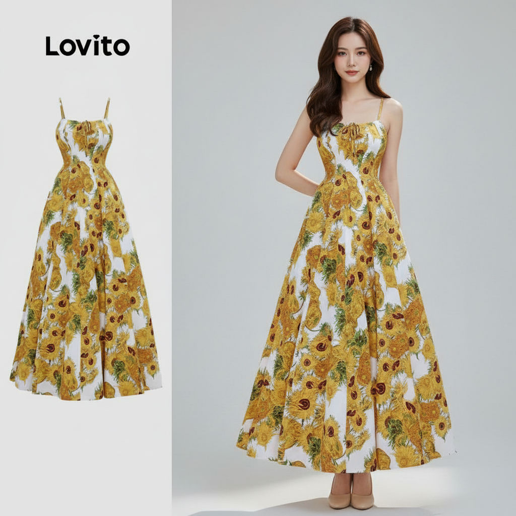 Lovito Vestido Boho Alças Finas Girassóis Van Gogh para Mulheres Primavera/Verão LFI1ED007 em Oferta na Shopee