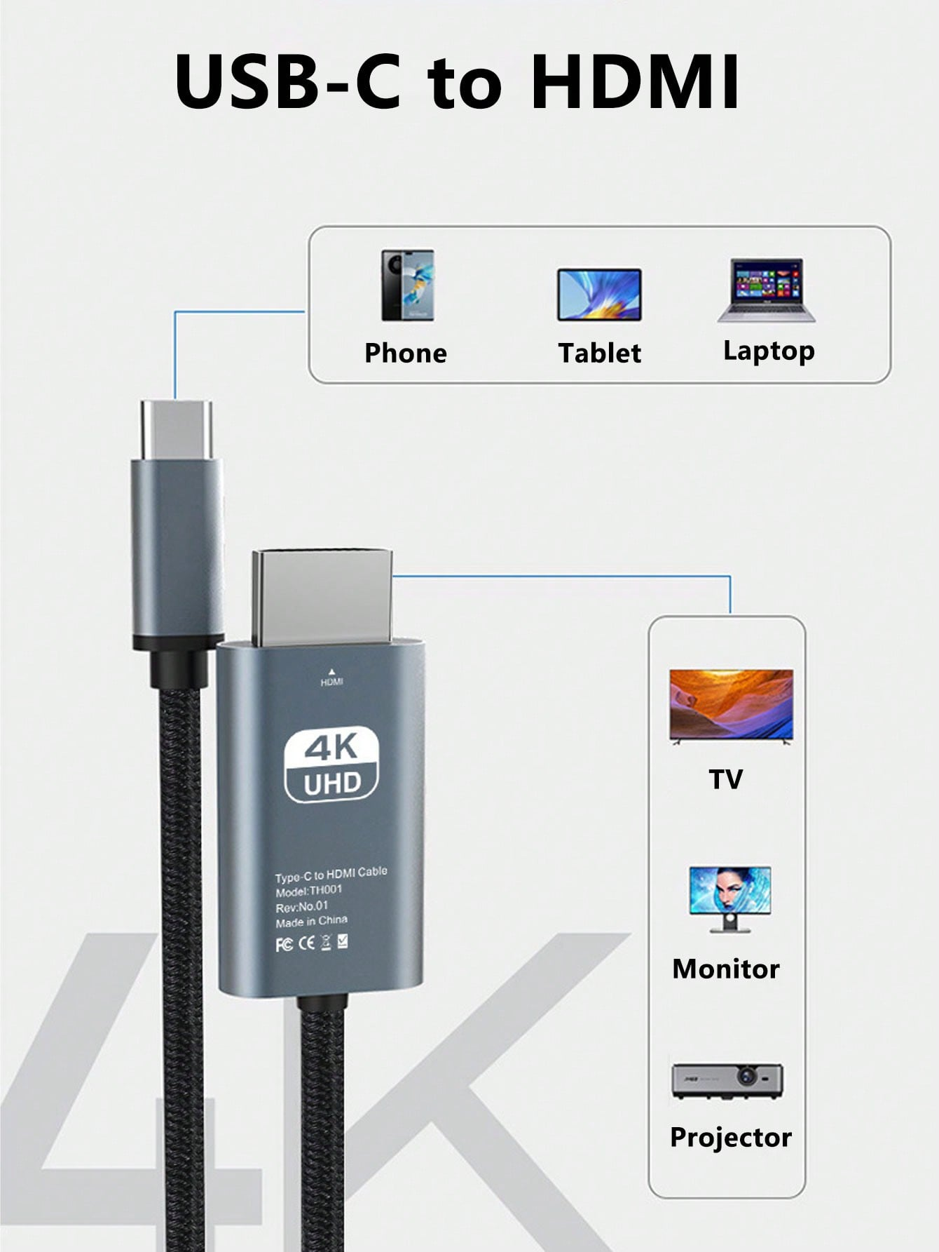 Cabo Adaptador USB Tipo C para HDMI, Cabo USB C para HDMI, Plug and Play, para Smartphones e Tablets, Elite Pro