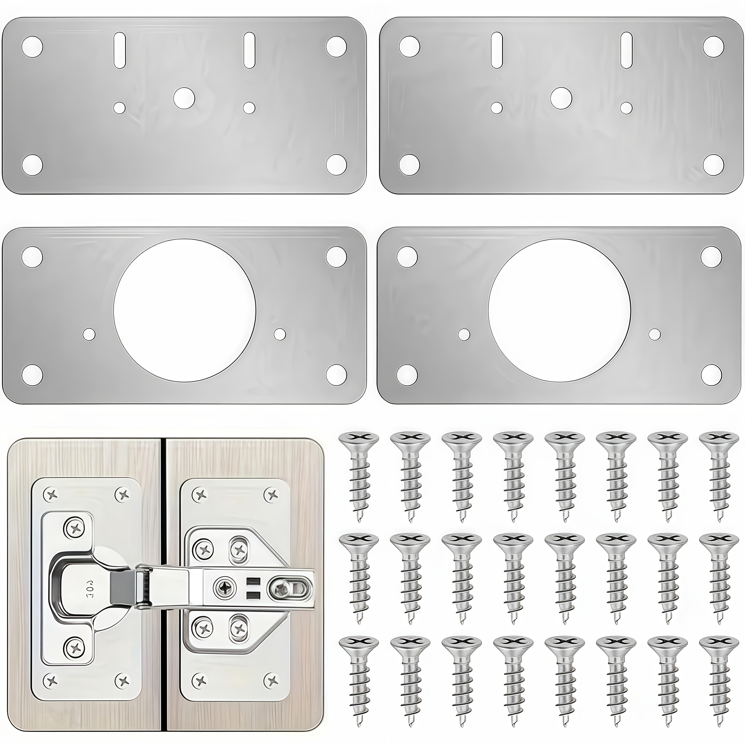 Kit de Placas de Reparo de Dobradiça em Aço Inoxidável com Furos, Suportes de Reparo de Fácil Instalação com Parafusos