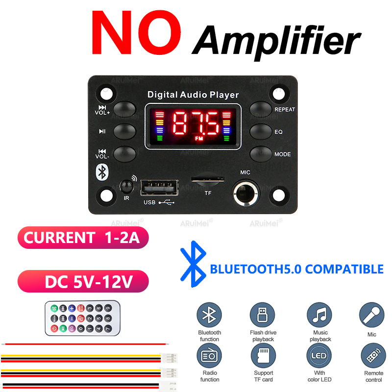 Mini Amplificador Bluetooth Classe D DC 5V-12V , 1-2A Com Controle Remoto , Cabo De Alimentação E Fio De Alto-Falante ,