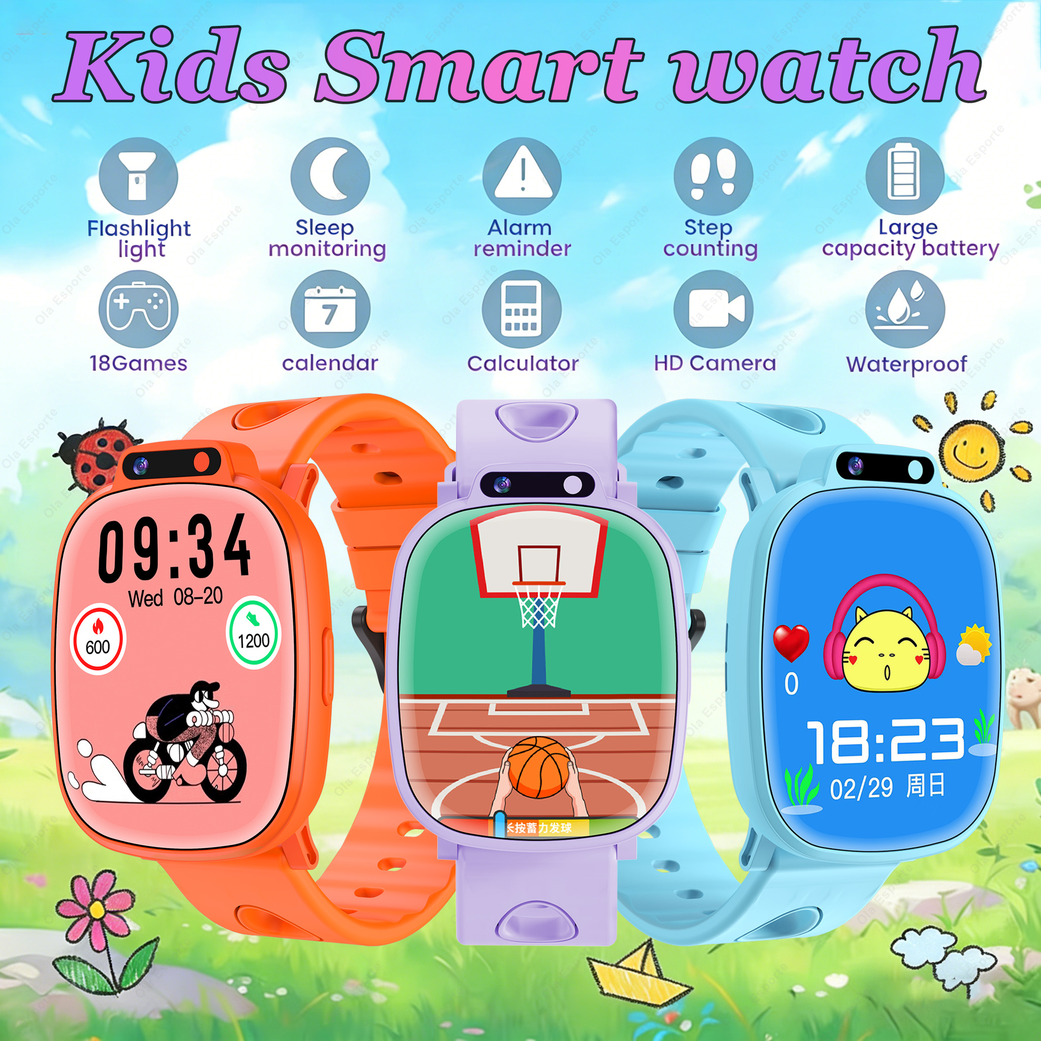  Relógio Inteligente Infantil 18 Jogos Educativos, Câmera HD, Lanterna, Contador de Passos, Monitoramento do Sono,