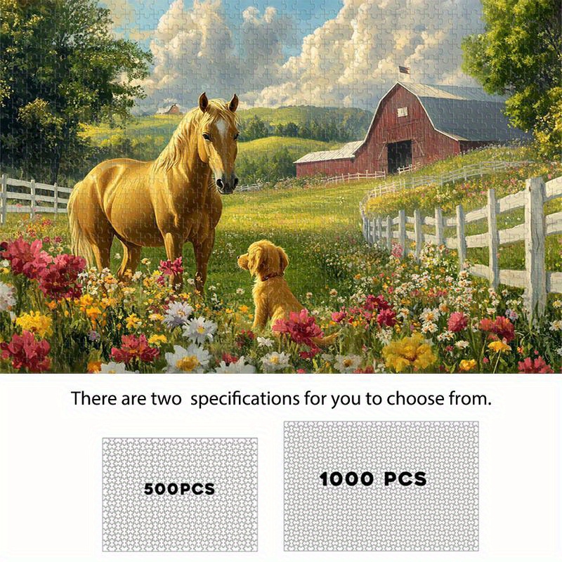 Cavalo Dourado E Golden Retriever , Cena Country , Quebra-Cabeça De Madeira 500/1000 Peças , Céu Noturno Colorido , Casa