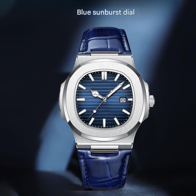 Clássico Quadrado Masculino Relógio De Pulso Azul Sunburst Dial Prata Caso Pulseira Couro Casual Vestido