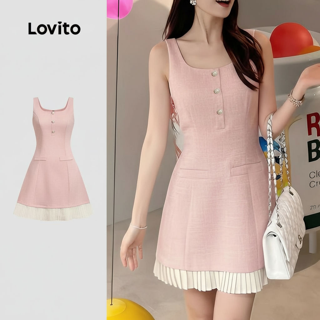 Lovito Elegante Vestido Rosa Sofisticado com Costura em Tecido e Botões Frontais para Primavera/Verão L171ED458