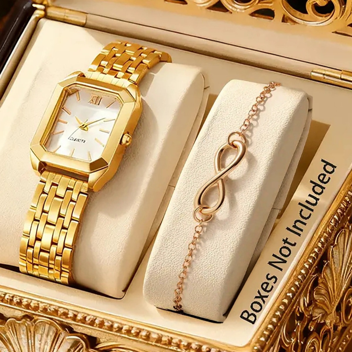 Conjunto De 2 Peças Feminino Quadrado Roma Dial Relógio De Quartzo Com Pulseira De Liga Para Mulheres Sem Caixa