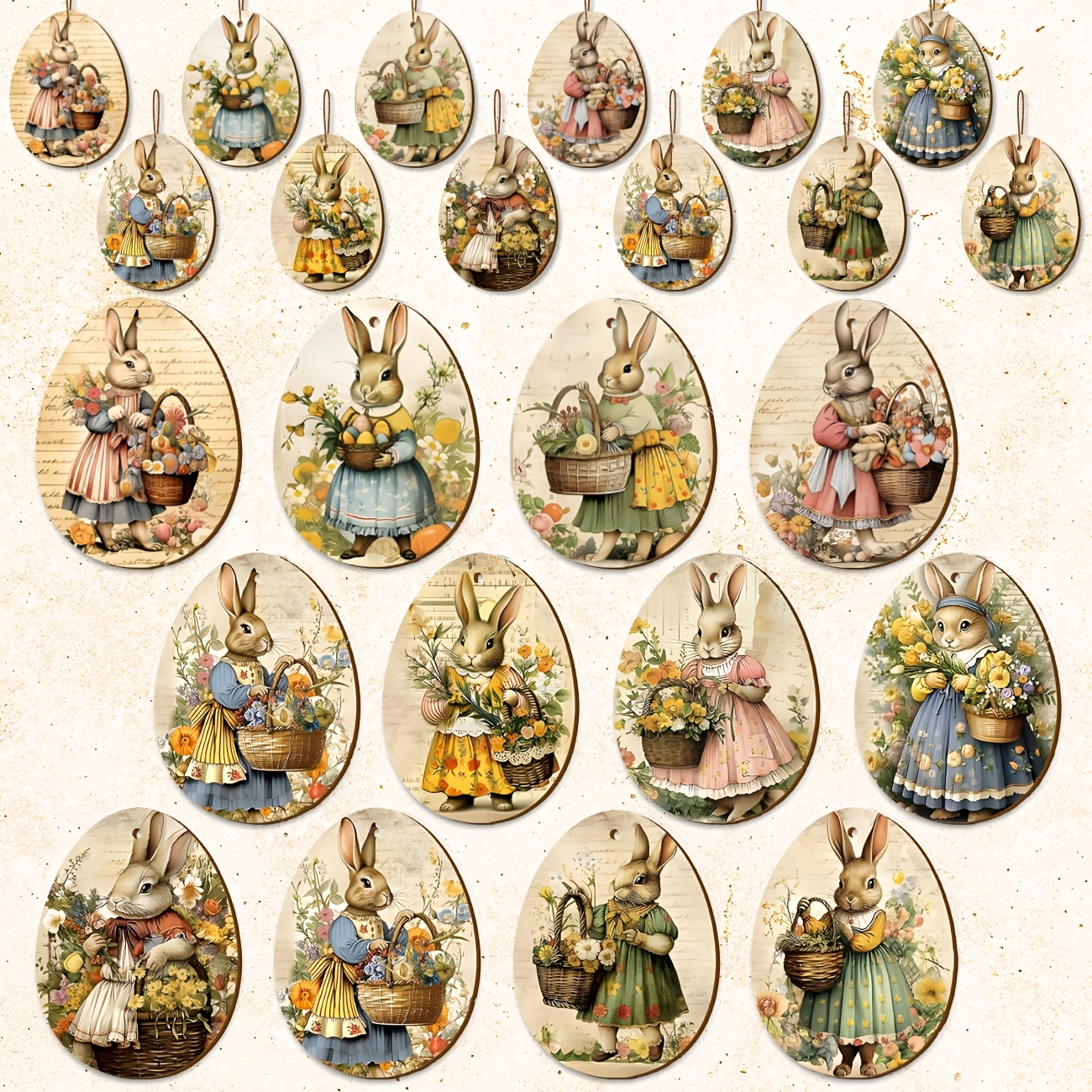 24 Peças De Enfeites De Páscoa Vintage – Decoração De Árvore Retrô Recortes Em Formato De Ovo De Coelho Com Corda Primav