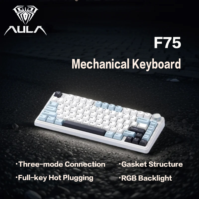 Teclado Mecânico Aula F75 Layout 75% RGB Hot Swappable LEOBOG Cinza Idioma Inglês US Azul Marinho