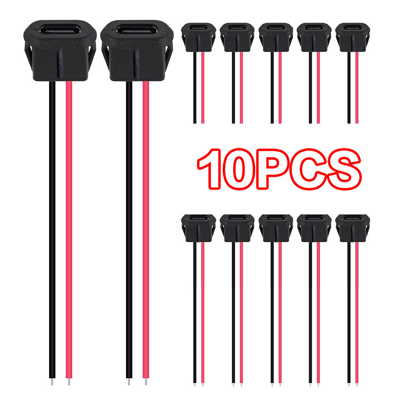  Conector Fêmea USB Tipo-C com Fios de Chassi 2 Pinos, 5 Unidades, Preto (Sem Terminal)