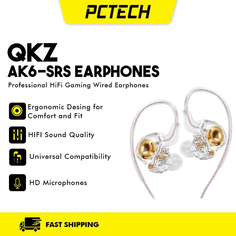 Fones de Ouvido QKZ AK6 SRS com Fio, Fones de Ouvido Estéreo com Graves Potentes, Microfone Integrado, Fones