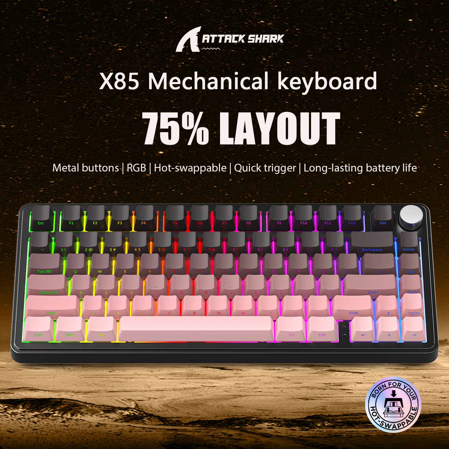 Teclado mecânico sem fio ATTACK SHARK X85, 75%, montagem em junta, conexão Bluetooth 5.1/2.4G sem fio e com fio Tipo-C