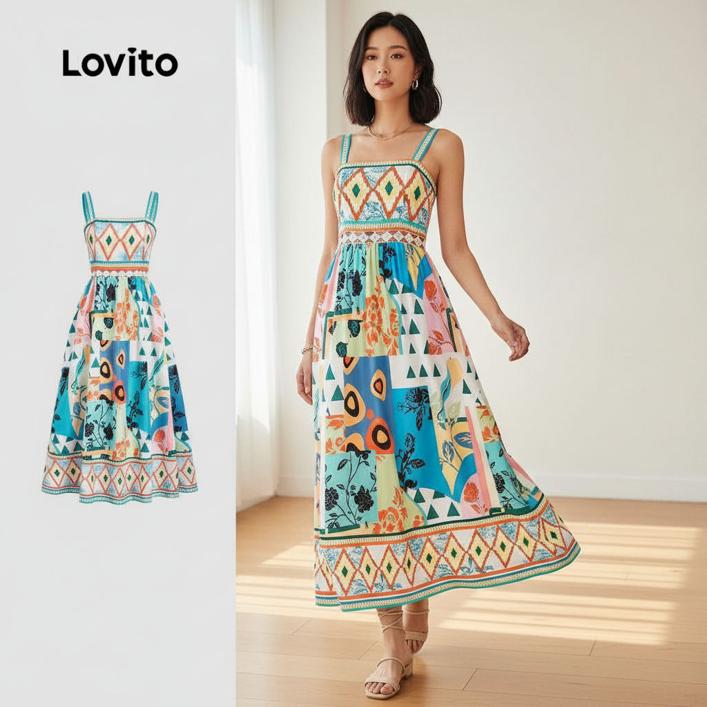Lovito Refine Vestido Boho com Pregas para Mulheres de Primavera e Verão LBL30278 em Oferta na Shopee